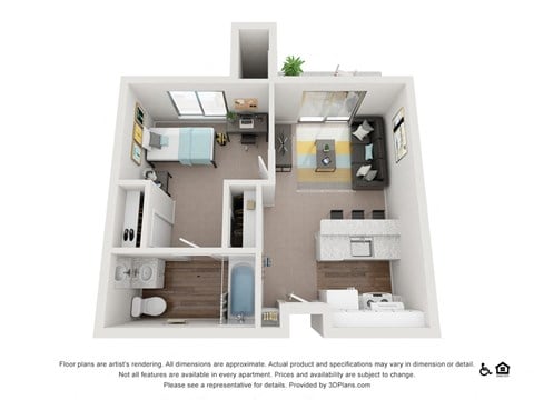 Floor plan for 1 bed, 1 bath, 483 sqft